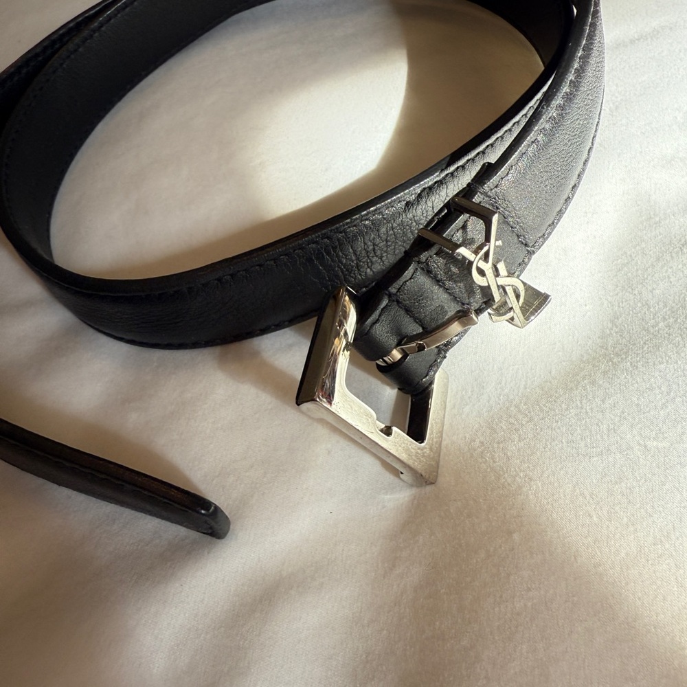 Yves Saint Laurent Black Leather Belt with Silver YSL Accent - Picture 5 of 7